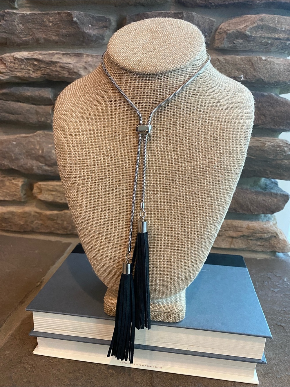 White House Black Market Black Leather Tassel Necklace